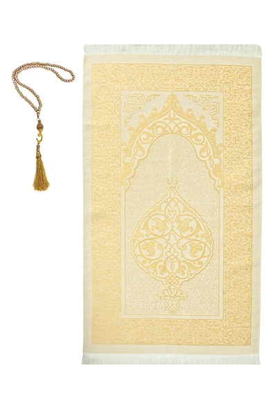 Premium Osmanlı Desen Seccade ve Vavlı İnci Tesbih Set , Kadınlar Erkekler İçin  Gold 120 x 70 ürün görseli 1