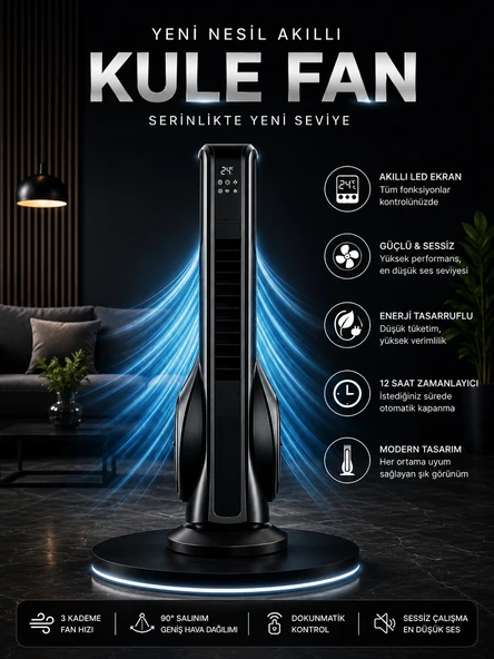 Turbo Kule Tipi Fan 33 İnç 70W Uzaktan Kumandalı Sessiz Dokunmatik Vantilatör Aromaterapi ürün görseli 1