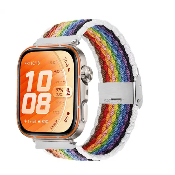 Huawei Watch Fit 5 Pro İle Uyumlu Metal Klipsli Solo Fiberlink Yumuşak Kumaş Örgü Kordon  Beyaz Gökkuşağı ürün görseli 1