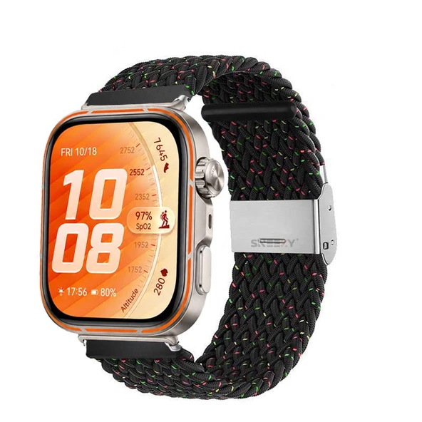 Huawei Watch Fit 5 Pro İle Uyumlu Metal Klipsli Solo Fiberlink Yumuşak Kumaş Örgü Kordon  Siyah Gökkuşağı ürün görseli 1