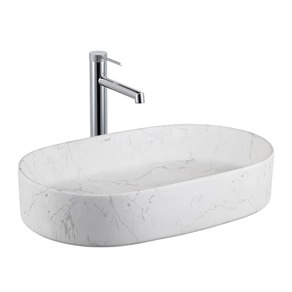 E-W1202M8 Tezgah Üstü Lavabo Mat Beyaz Mermer Desenli ürün görseli 1