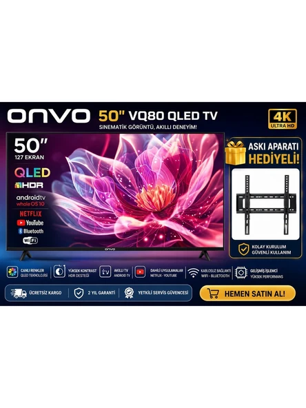 Onvo 50 inç VQ80 QLED Android Smart Tv Hdr Destekli Netflix Youtube Bluetooth Wifi  Askı Aparatı Hediyeli ürün görseli 1