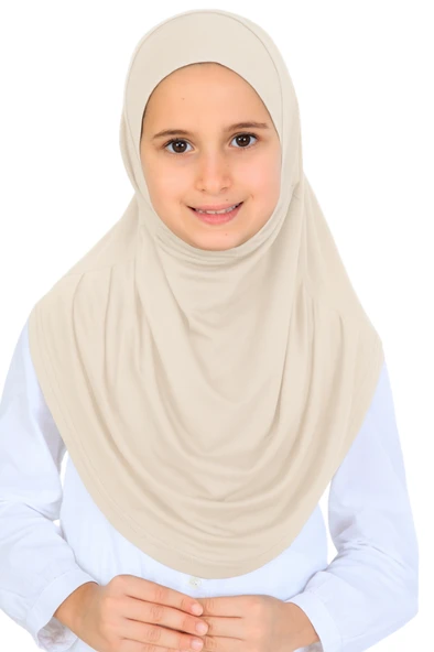 Kız Çocuk Hazır Başörtüsü Pratik Penye Şal Tesettür Giyim  Bej ürün görseli 1
