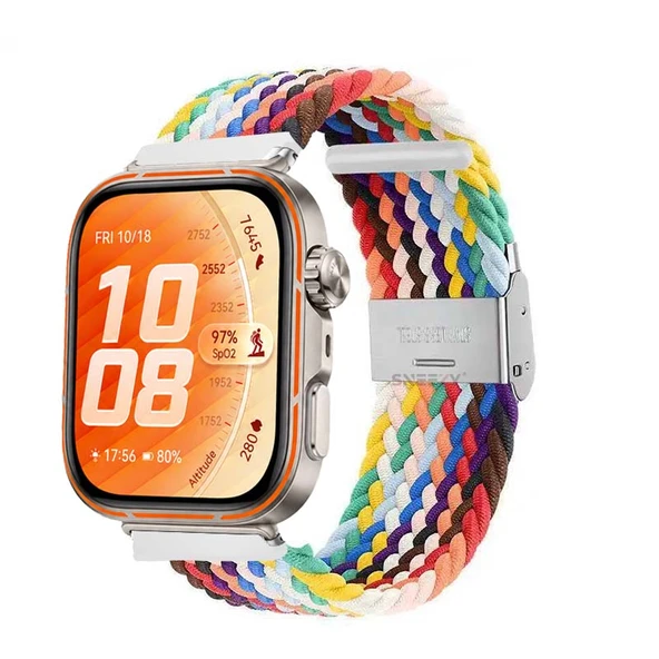 Huawei Watch Fit 5 Pro İle Uyumlu Metal Klipsli Solo Fiberlink Yumuşak Kumaş Örgü Kordon  Gökkuşağı ürün görseli 1