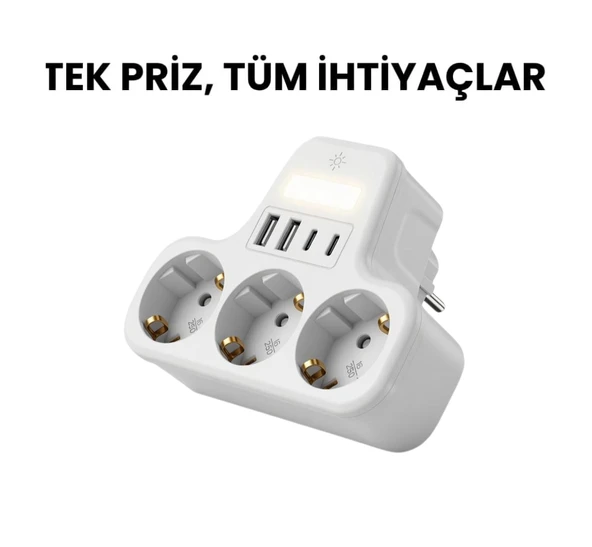3’lü Duvar Tipi Akım Korumalı Priz  2 USB-A + 2 Type-C Girişli  LED Gece Lambalı Akıllı Çoklu Priz ürün görseli 1