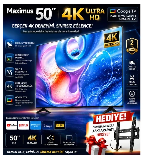 Maximus 50 Inç 127 Ekran 4K Ultra Hd Google Tv Dahili Uydu Alıcılı Smart LED Tv  Duvar Askı Aparatı Hediyeli ürün görseli 1