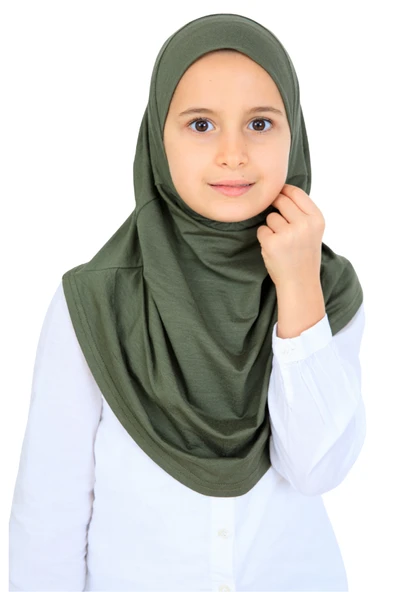 Kız Çocuk Hazır Başörtüsü Pratik Penye Şal Tesettür Giyim  Haki ürün görseli 1
