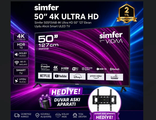 Simfer 50FSFV6B 50" 127 Ekran 4K Ultra Hd Smart Vıdaa Tv  HDR10  Wifi  Bluetooth  Uydu Alıcılı  Duvar Askı ürün görseli 1