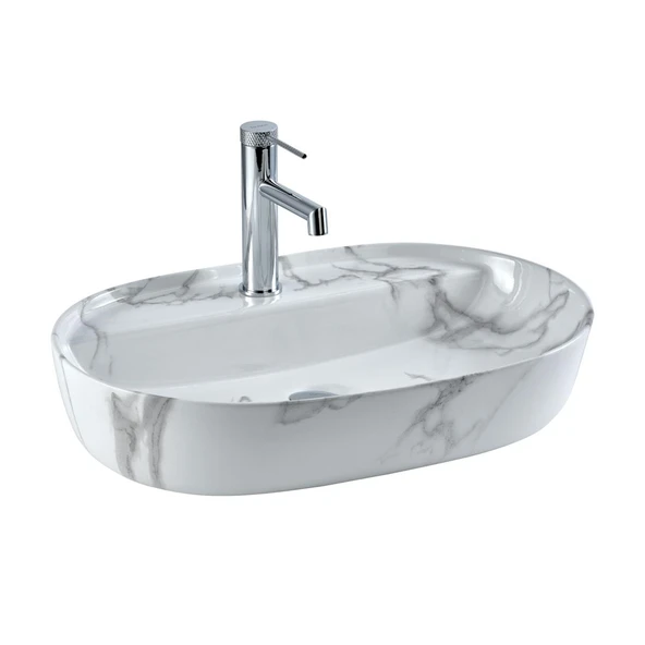 E-2114M1 Tezgah Üstü Lavabo Beyaz Mermer Desenli ürün görseli 1