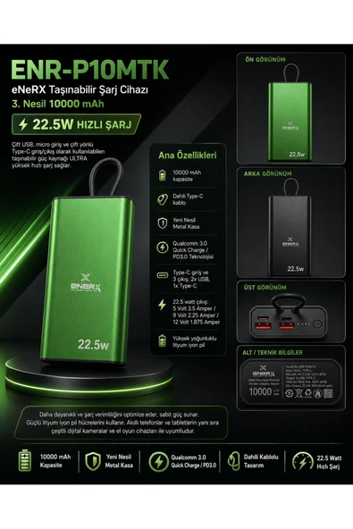 ENERX ENR-P10MTK Powerbank 10000 Mah 22.5W Hızlı Şarj, Dahili Type-C Kablolu Yeni Nesil Metal Kasa Taşınabilir Şarj Cihazı Yeşil ürün görseli 1