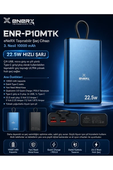 ENERX ENR-P10MTK Powerbank 10000 Mah 22.5W Hızlı Şarj, Dahili Type-C Kablolu Yeni Nesil Metal Kasa Taşınabilir Şarj Cihazı Mavi ürün görseli 1