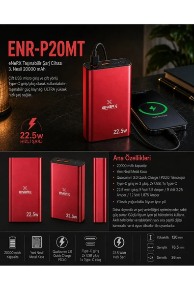 ENERX ENR-P20MT Powerbank 20000 Mah 22.5W Hızlı Şarj, Yeni Nesil Metal Kasa Taşınabilir Şarj Cihazı Kırmızı ürün görseli 1