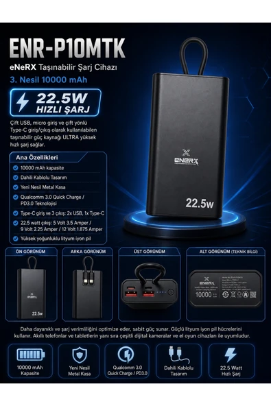 ENERX ENR-P10MTK Powerbank 10000 Mah 22.5W Hızlı Şarj, Dahili Type-C Kablolu Yeni Nesil Metal Kasa Taşınabilir Şarj Cihazı Siyah ürün görseli 1