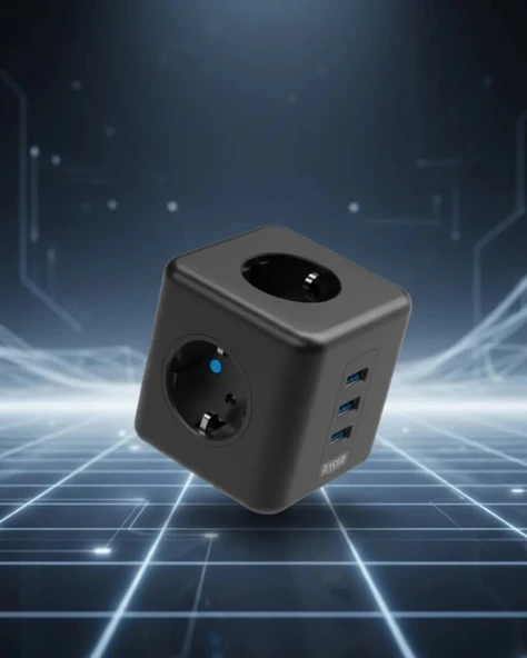 Nevamel® Elektronik Cihazlar İçin Akım Korumalı 3 Prizli USB’li Küp Priz ürün görseli 1