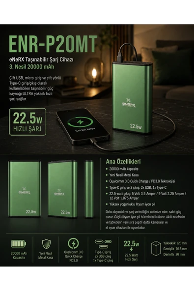 ENERX ENR-P20MT Powerbank 20000 Mah 22.5W Hızlı Şarj, Yeni Nesil Metal Kasa Taşınabilir Şarj Cihazı Yeşil ürün görseli 1