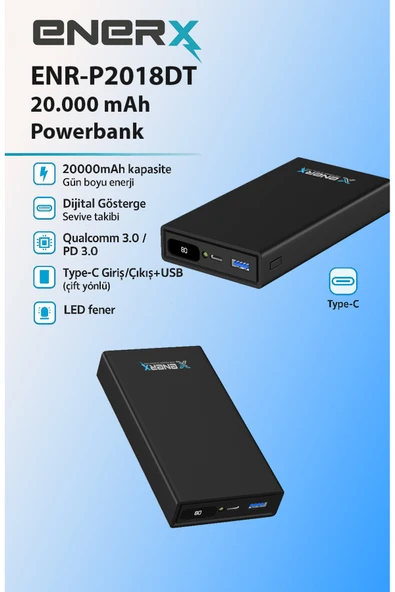 ENERX Powerbank 20000 Mah 2.1 Amper Dijital Göstergeli Enr-p20188dc Siyah ürün görseli 1