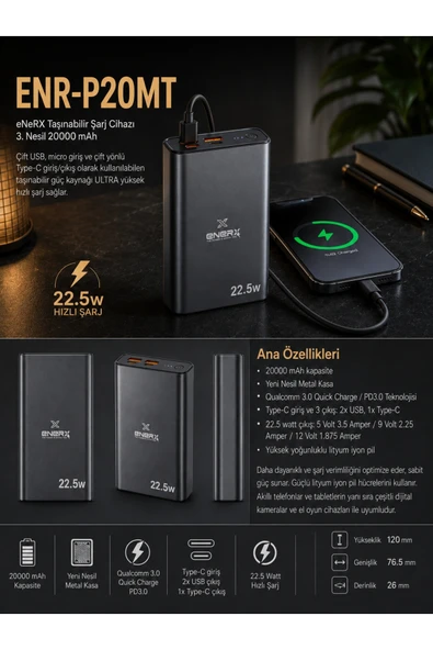 ENERX ENR-P20MT Powerbank 20000 Mah 22.5W Hızlı Şarj, Yeni Nesil Metal Kasa Taşınabilir Şarj Cihazı Siyah ürün görseli 1