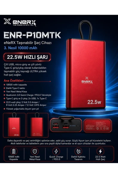 ENERX ENR-P10MTK Powerbank 10000 Mah 22.5W Hızlı Şarj, Dahili Type-C Kablolu Yeni Nesil Metal Kasa Taşınabilir Şarj Cihazı Kırmızı ürün görseli 1
