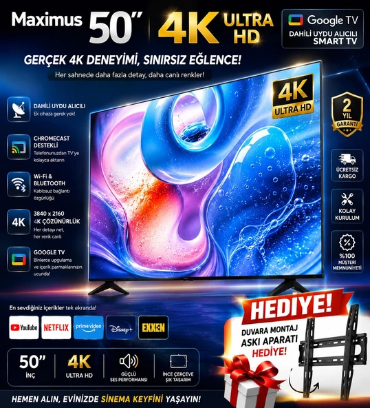 Maximus 50 inç 127 Ekran 4K Ultra Hd Google Tv Dahili Uydu Alıcılı Smart LED Tv Duvar Askı Aparatı Hediyeli ürün görseli 1
