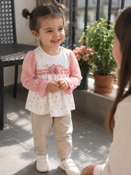 Tül Kol Detaylı Kız Çocuk %100 Pamuk Mevsimlik Takım 13672 ürün görseli 1
