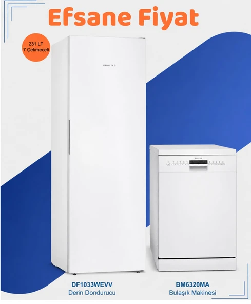 İKİLİ PAMPANYA  DF1033WEVV  250 LT DİKEY DERİN DONDURUCU BM6320MA 6 PROGRAMLI BULAŞIK MAKİNASI ürün görseli 1
