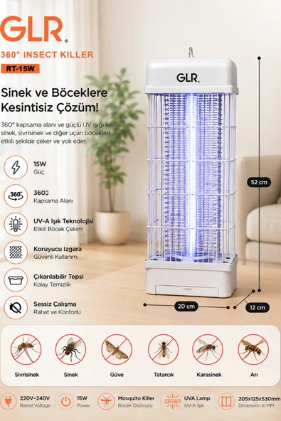 GLR RT-15W Elektrikli Sinek Öldürücü Lamba 15W 2500V Yüksek Voltaj (52 cm) ürün görseli 1