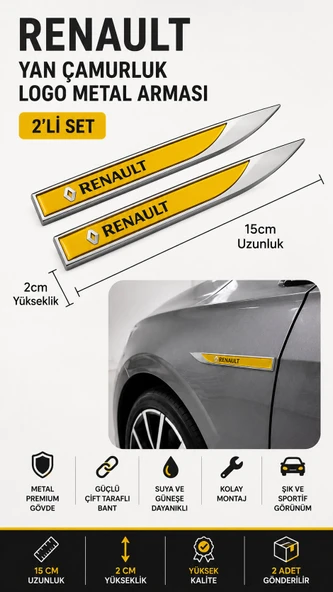 Renault Metal Damla Desen Çamurluk Yan Çıtası Logo Amblem 2’li Set 15 CM ürün görseli 1