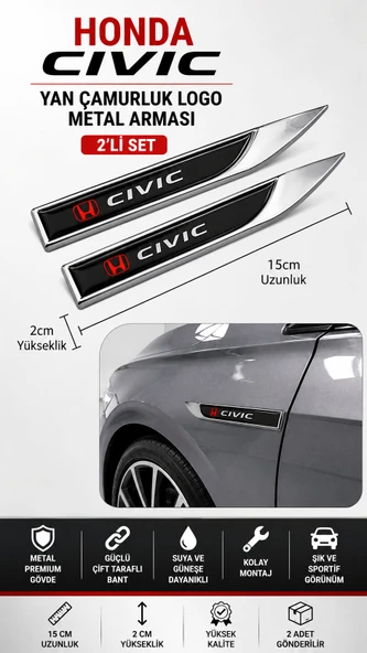 Honda Civic Metal Damla Desen Çamurluk Yan Çıtası Logo Amblem 2’li Set 15 CM ürün görseli 1