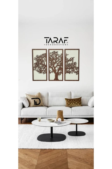 Taraf Dekorasyon 3 Parça Ağaç Tablo Lazer Kesim Dekoratif Tablo 42x62 Krem Ceviz ürün görseli 1