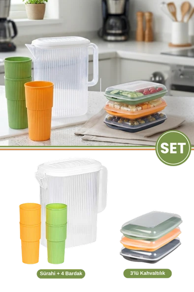 8 Parça Kahvaltı Piknik Seti, 3lt Sürahi ve 4 Adet 500ml Bardak + 3'lü Sığ Kahvaltı Saklama Kabı ürün görseli 1