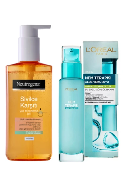 Neutrogena Sivilce Karşıtı Yüz Temizleme Jeli Ve Loreal Nem Terapisi Aloe Vera Suyu Normal Ve Karma Ciltler ürün görseli 1