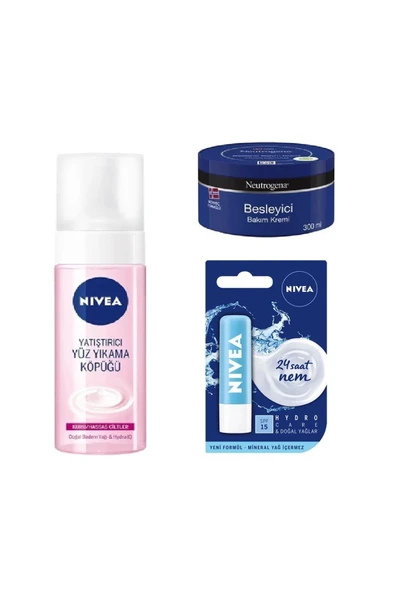 Neutrogena Nivea Yüz Yıkama Köpüğü Hydrocare Dudak Kremi Besleyici Bakım Kremi Set ürün görseli 1