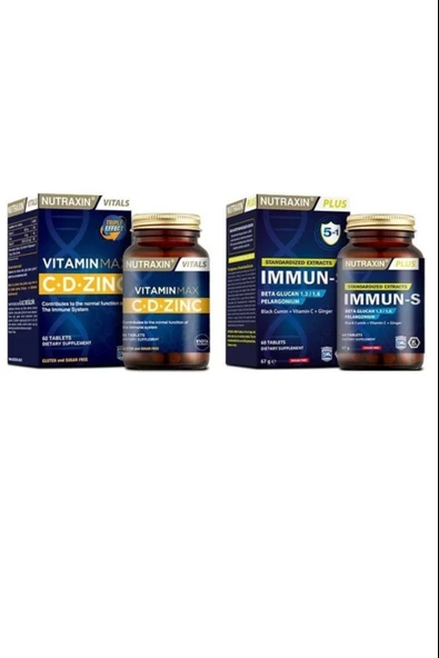 Nutraxin Vitamin Max C + D Zinc 60 Tablet +Immun-s ( 1,3-1,6 Beta-glukan,çörek Otu, Afrika Sardunyası Ve Zencefil) ürün görseli 1