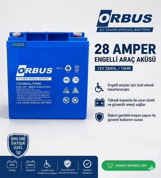 ORBUS 12 Volt 28 Amper (12v 28A) Engelli Araç Aküsü MALEZYA ÜRETİM ürün görseli 1