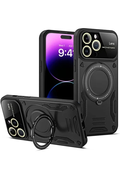 Newface Apple iPhone 16 Pro Kılıf Joy Lens Standlı Kapak - Siyah ürün görseli 1