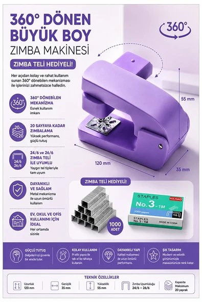 Lila Zımba Makinesi 24/6 1 Adet Fixpoint P-4550 Pastel Renkler Büyük Zımba Makinası ve Teli 20 25 Sayfa Dereceli Ofis ürün görseli 1