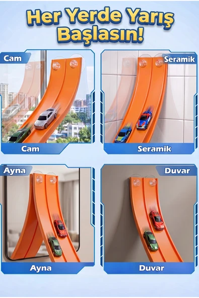 PAPAYA Esnek Araba Yarış Pisti Turuncu Vantuzlu Bükülebilir 1/64 Ölçek Çift Taraflı Oyuncak Seti - Resim 6