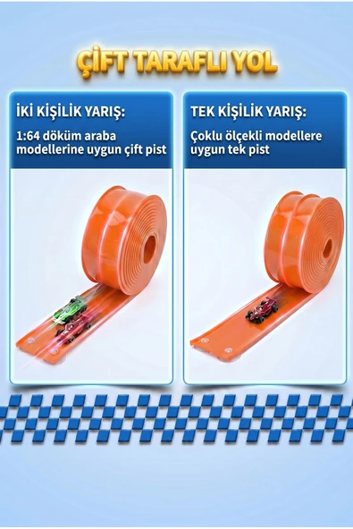 PAPAYA Esnek Araba Yarış Pisti Turuncu Vantuzlu Bükülebilir 1/64 Ölçek Çift Taraflı Oyuncak Seti - Resim 4
