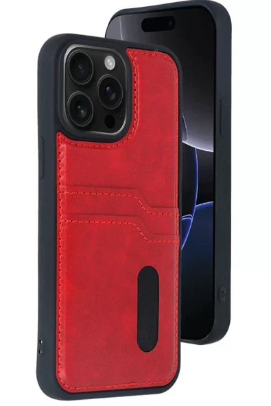 Newface Apple iPhone 14 Pro Max Kılıf Sara Kartvizitli Deri Kılıf - Kırmızı ürün görseli 1