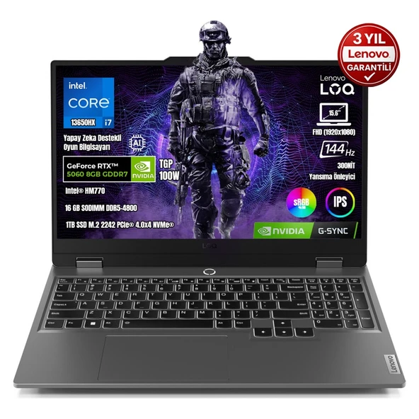 Loq 15IRX10 83JE00JQTR I7-13650HX 16GB Ddr5 1tb SSD RTX5060 8gb Tgp 100W 15.6" IPS 144Hz Freedos Taşınabilir Bilgisayar ürün görseli 1