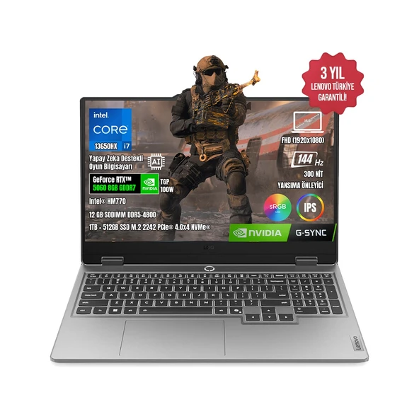 Loq 15IRX10 83JE00J5TR-01 I7-13650HX 12GB Ddr5 1TB+512GB SSD RTX5060-8GB 15.6" IPS 144Hz Freedos ürün görseli 1