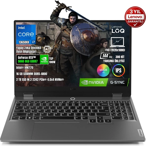 Loq 15IRX10 83JE00JQTR-01 I7-13650HX 16GB Ddr5 2tb SSD RTX5060 8gb Tgp 100W 15.6" IPS 144Hz Freedos ürün görseli 1