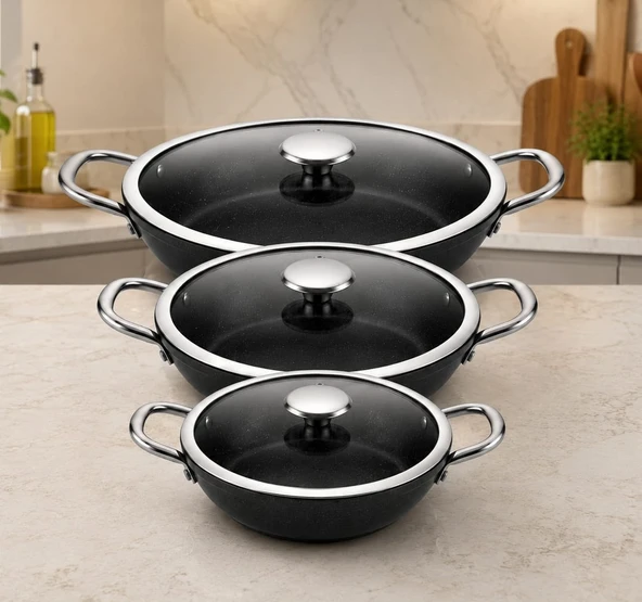 OMS  Collection - 6 Parça Durastone Peek Çizilmez İndüksiyon Taban Sahan Seti ( 20 - 22 - 24 Cm - Siyah ) ürün görseli 1