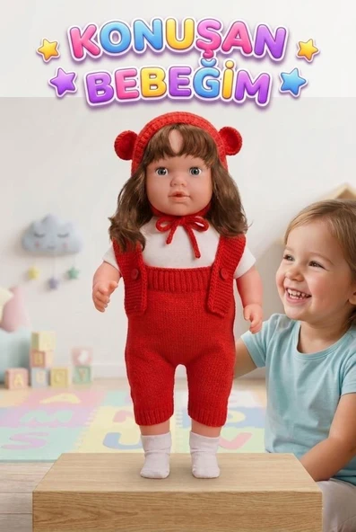 Konuşan Bebeğim 60 cm Türkçe Konuşan Örgü Tulum ve Şapkalı Kafası Bacakları Kolları Et Oyuncak Bebek ürün görseli 1