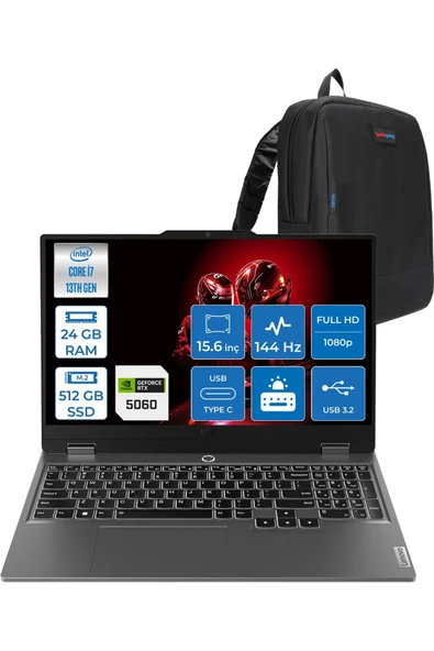 Loq 15IRX10 I7-13650HX 24GB 512GBSSD 15.6" 8GB/RTX5060 144Hz FDOS 83JE00ETTRF02+ZETTAÇANTA ürün görseli 1