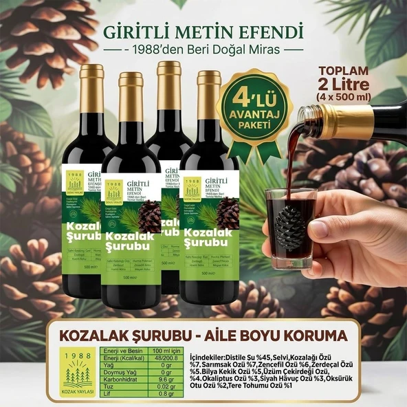 4 X 500 ML Kozak Bergama Vakfı Kozalak Şurubu Giritli Metin Efendi ürün görseli 1