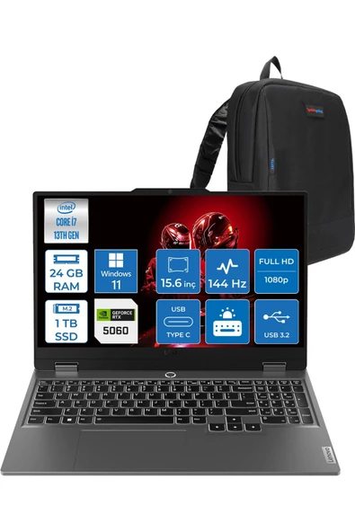 Loq 15IRX10 I7-13650HX 24GB 1tbSSD 15.6" 8GB/RTX5060 144Hz W11HOME 83JE00ETTRH03+ZETTAÇANTA ürün görseli 1