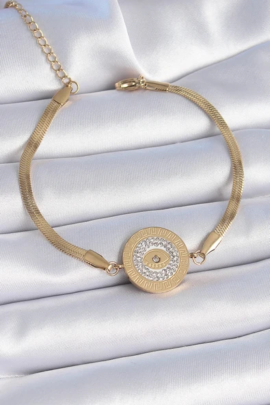 Nevamel® 316L Çelik Gold Renk İtalyan Zincir Zirkon Taşlı Göz İşlemeli Madalyon Model Kadın Bileklik 5886 ürün görseli 1