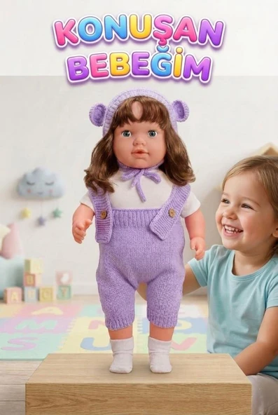 Konuşan Bebeğim 60 cm Türkçe Konuşan Örgü Tulum ve Şapkalı Kafası Bacakları Kolları Et Oyuncak Bebek ürün görseli 1
