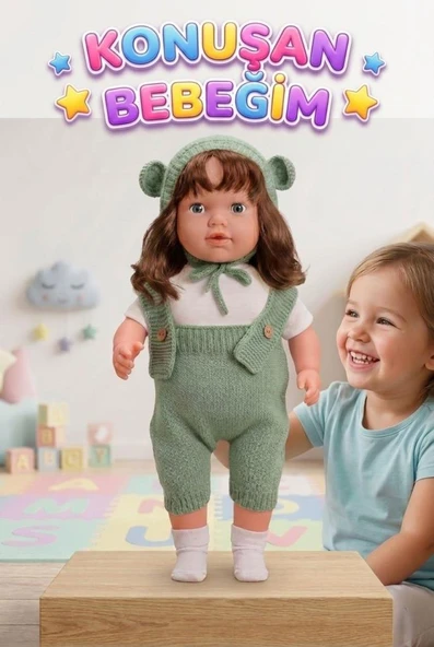 Konuşan Bebeğim 60 cm Türkçe Konuşan Örgü Tulum ve Şapkalı Kafası Bacakları Kolları Et Oyuncak Bebek ürün görseli 1